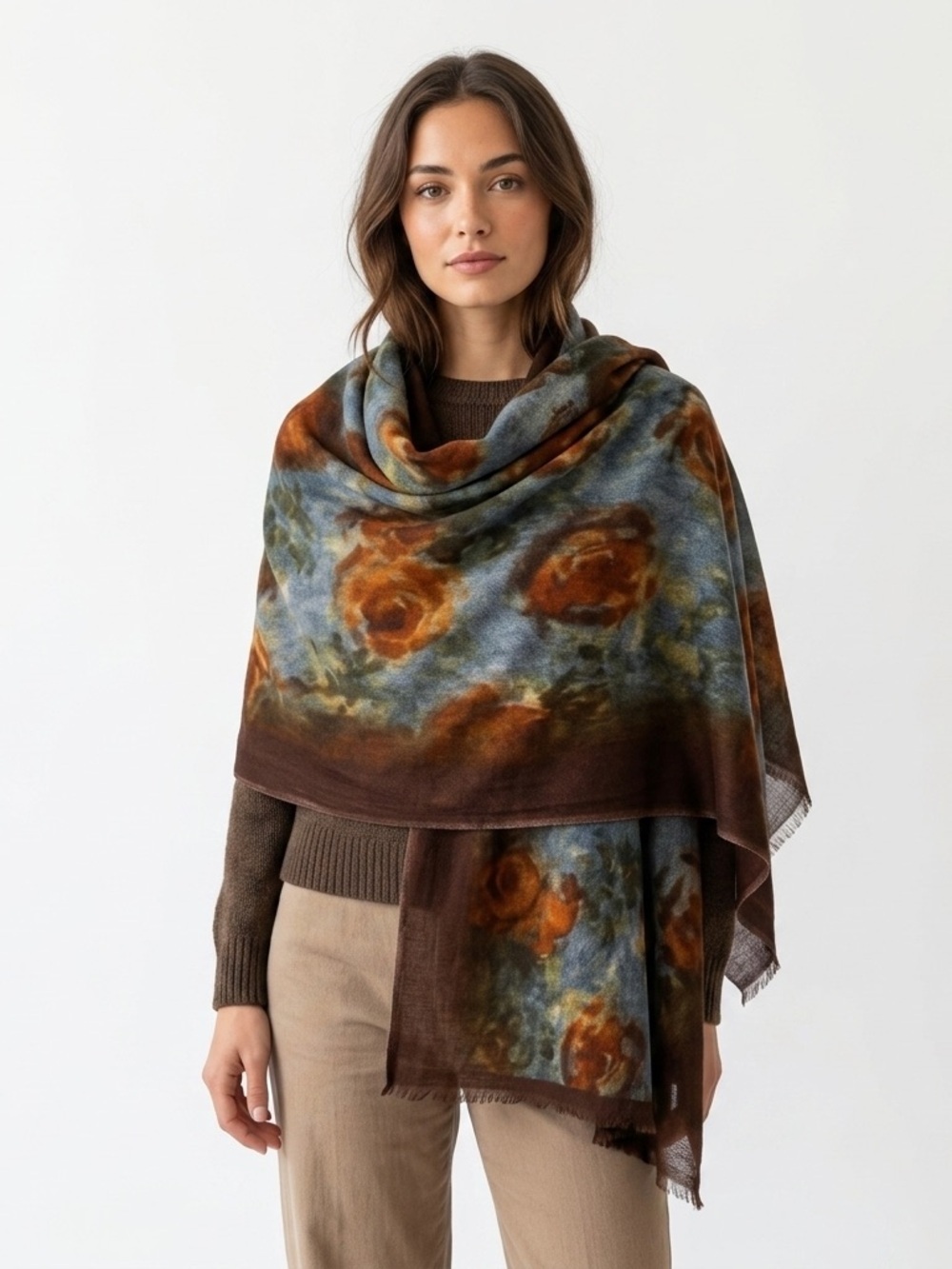 Sévya Handmade 100% Wool Floral Scarf Shawl Boho Earthy Brown